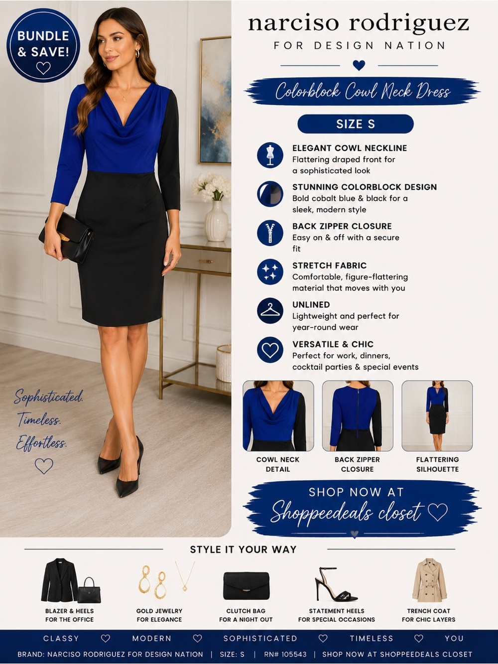 Narciso Rodriguez for Design Nation Black & Cobalt Colorblock Cowl Neck Dress